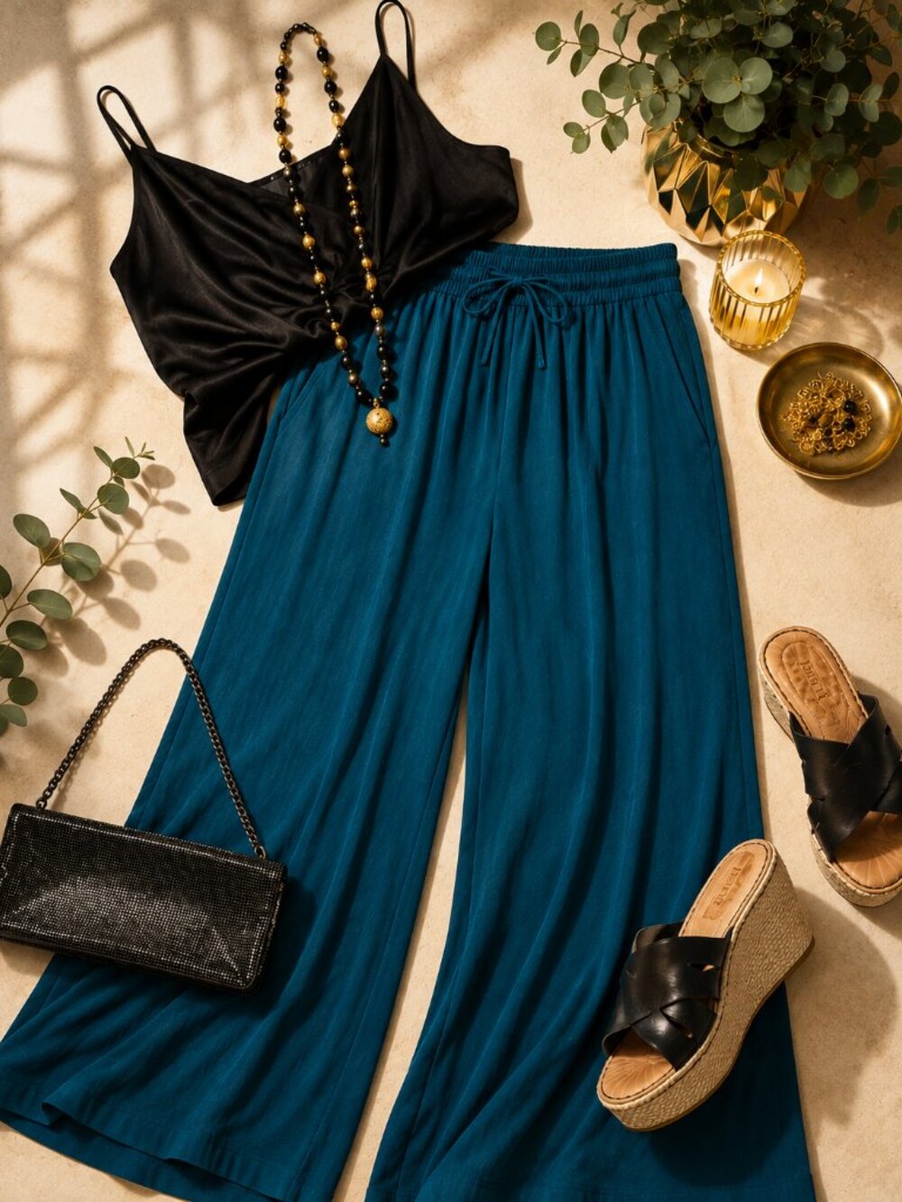 Halara Teal Wide Leg Palazzo Pants XL Tall Pull On Drawstring NWOT
